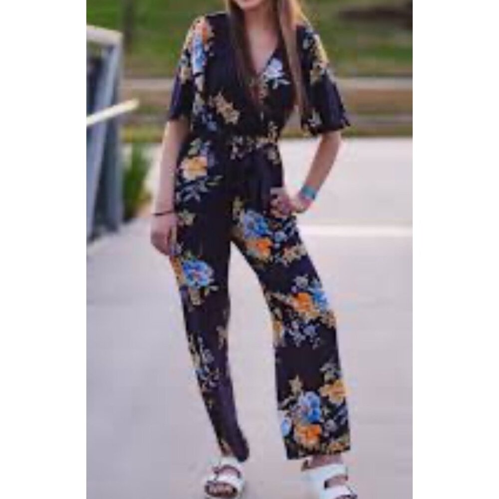 Band of Gypsies Blue Floral Short Sleeve Jumpsuit